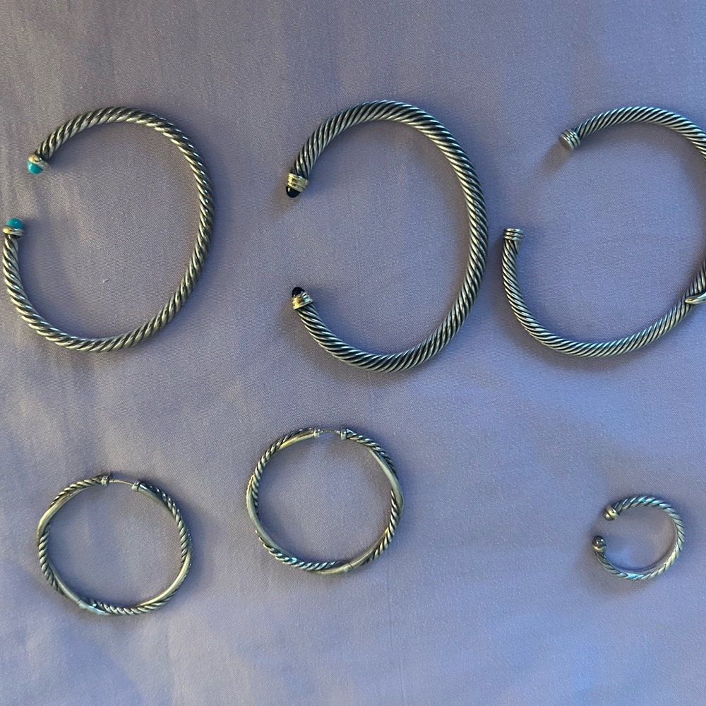 David Yurman Twisted Cable Sterling Cuff and Hoop Set in Silver